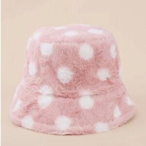 Pink Faux Fur Polka Dot Bucket Hat